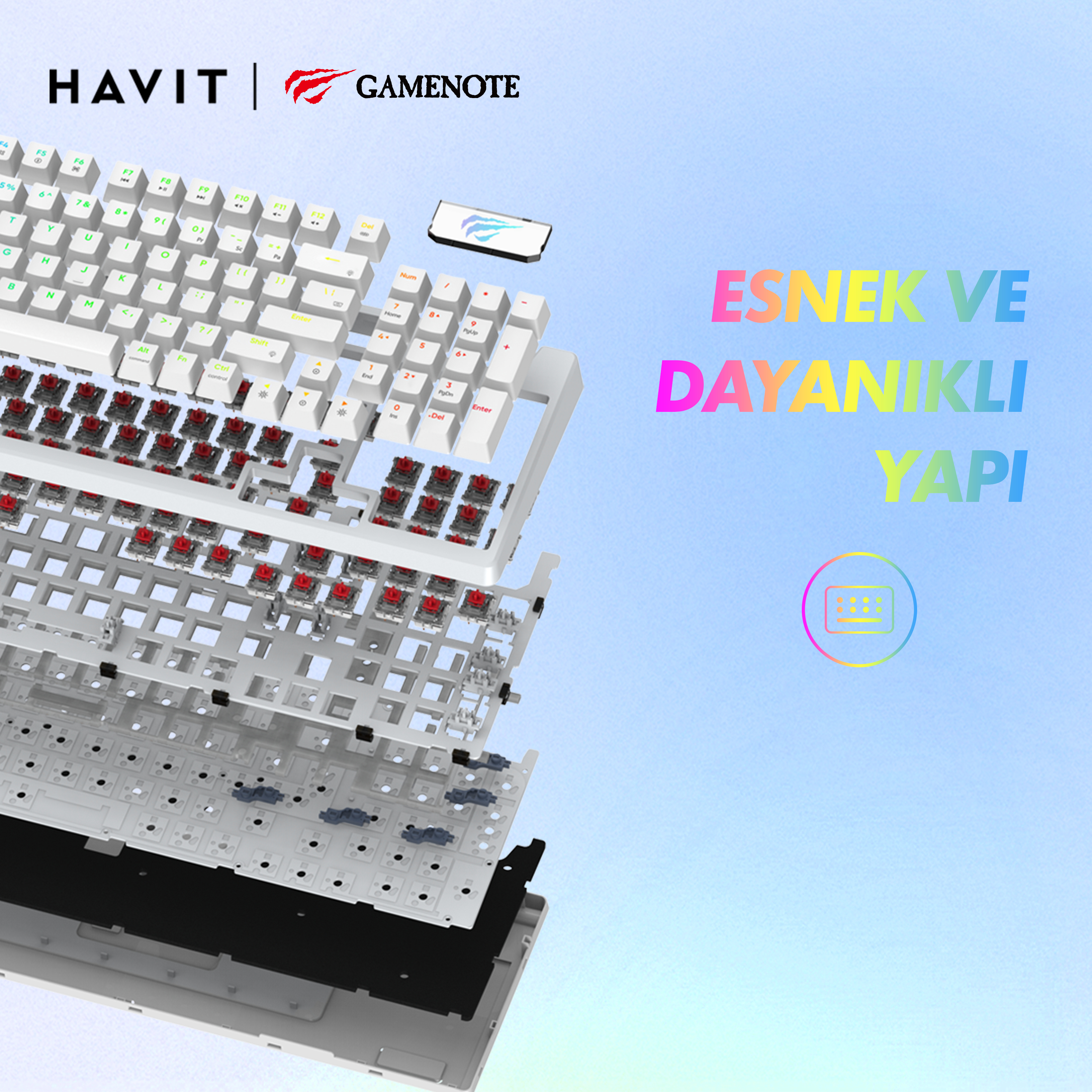 Kırmızı switch'li beyaz klavyenin patlatılmış görünümü ve turkuaz yazı.