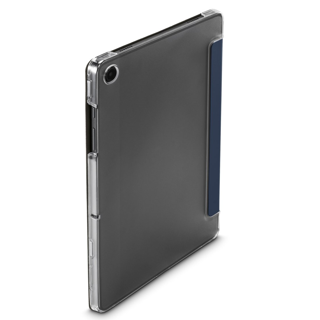 Ciemne etui na tablet z niebieskim bokiem, na białym tle.