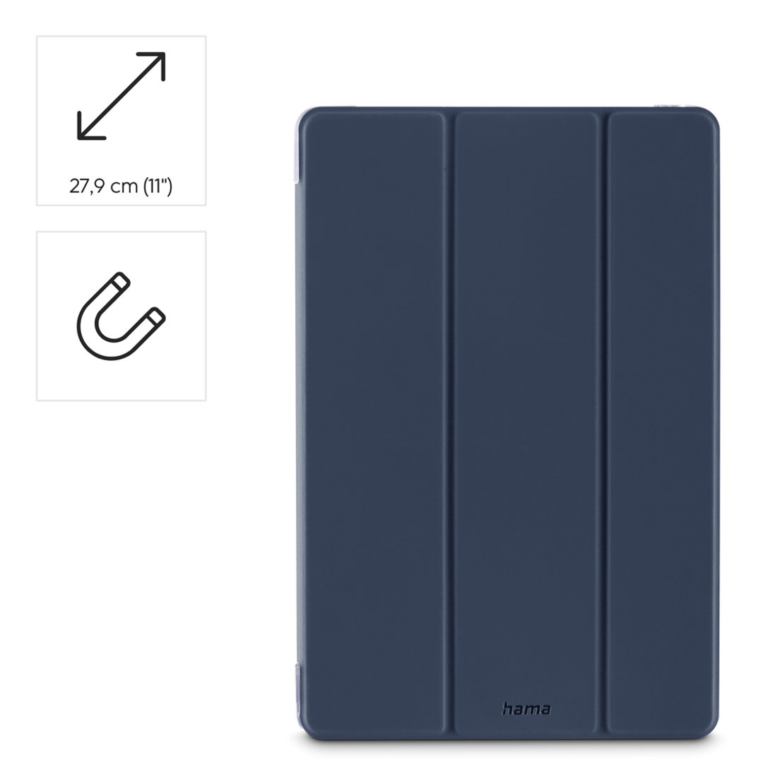 Granatowe etui na tablet 11 cali z zamknięciem magnetycznym.