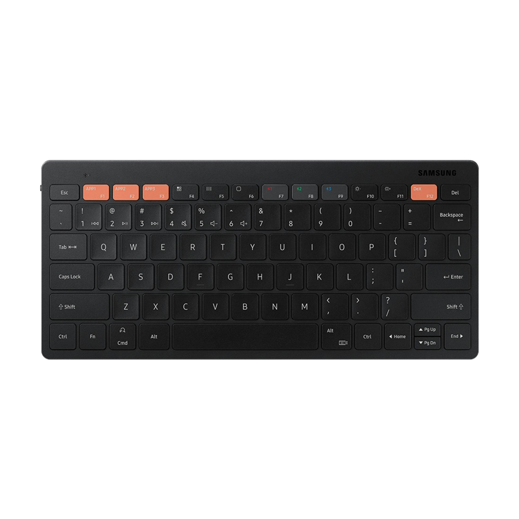 Turuncu fonksiyon tuşları ve QWERTZ düzenine sahip siyah bir Samsung klavye.
