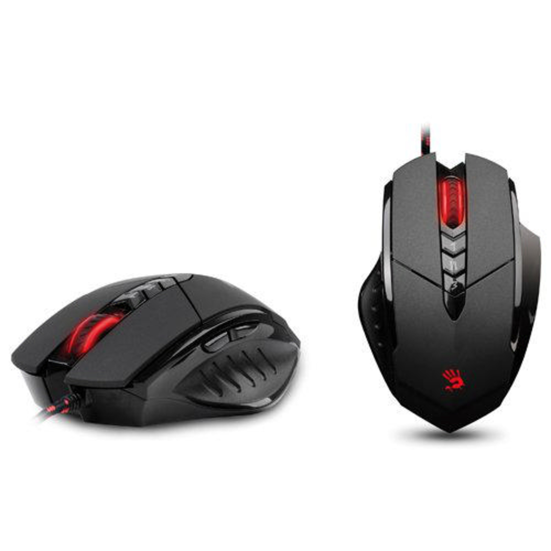 Due mouse gaming neri con luci rosse su sfondo bianco.