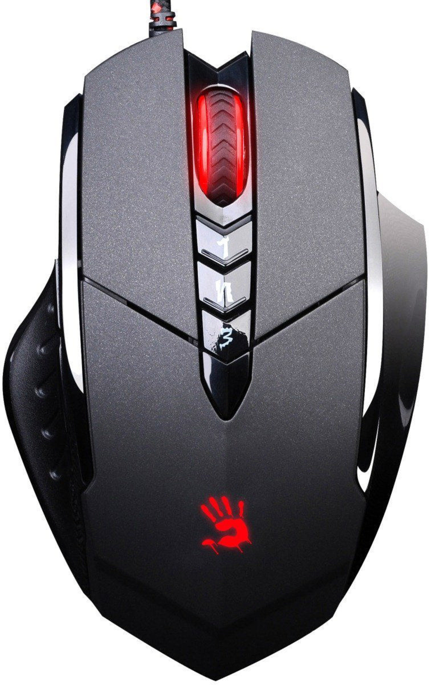 Un mouse da gaming nero con accenti rossi e argento e un logo a mano rossa.