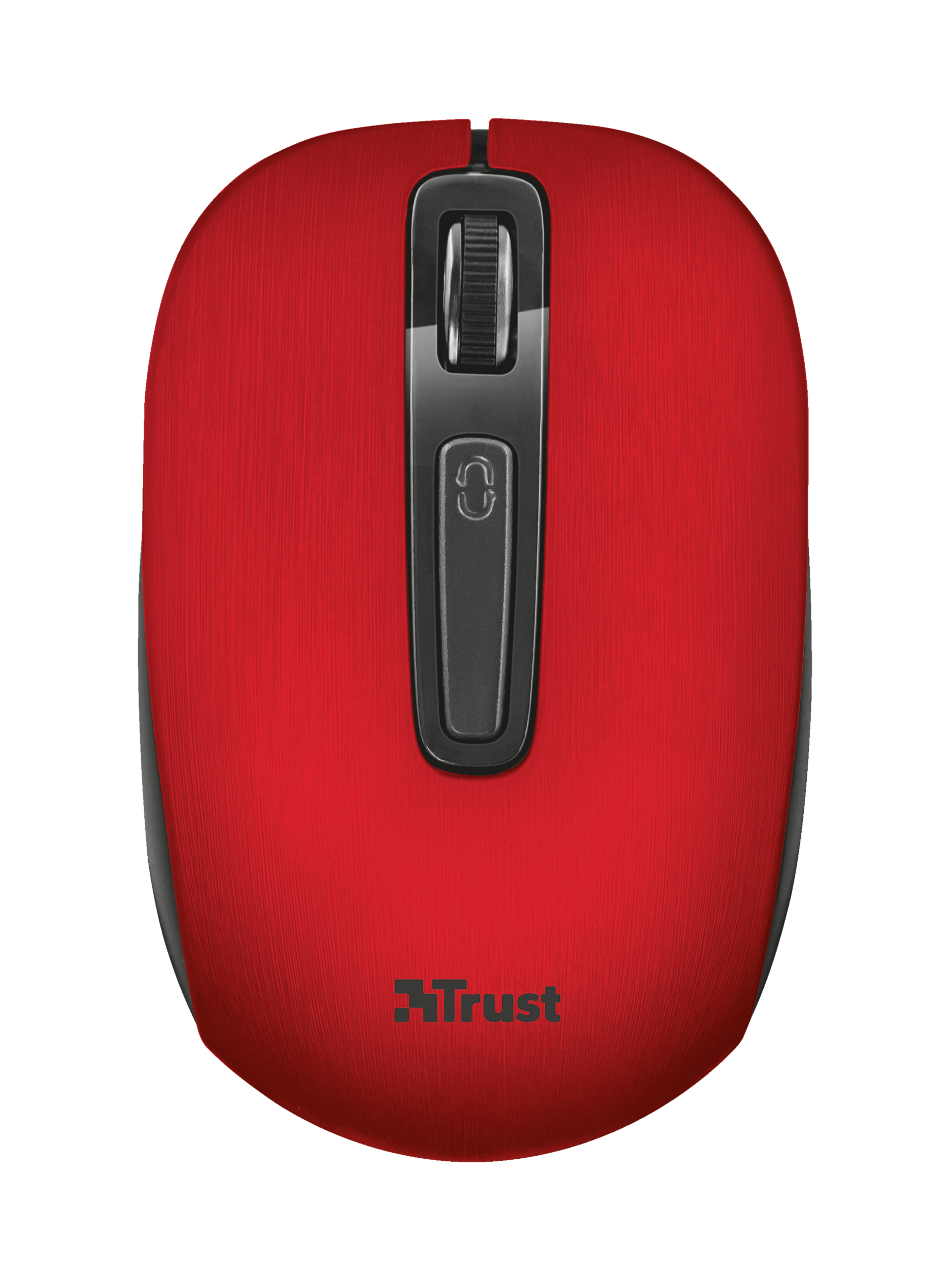 Czerwona mysz komputerowa z czarnym kółkiem i przyciskami.