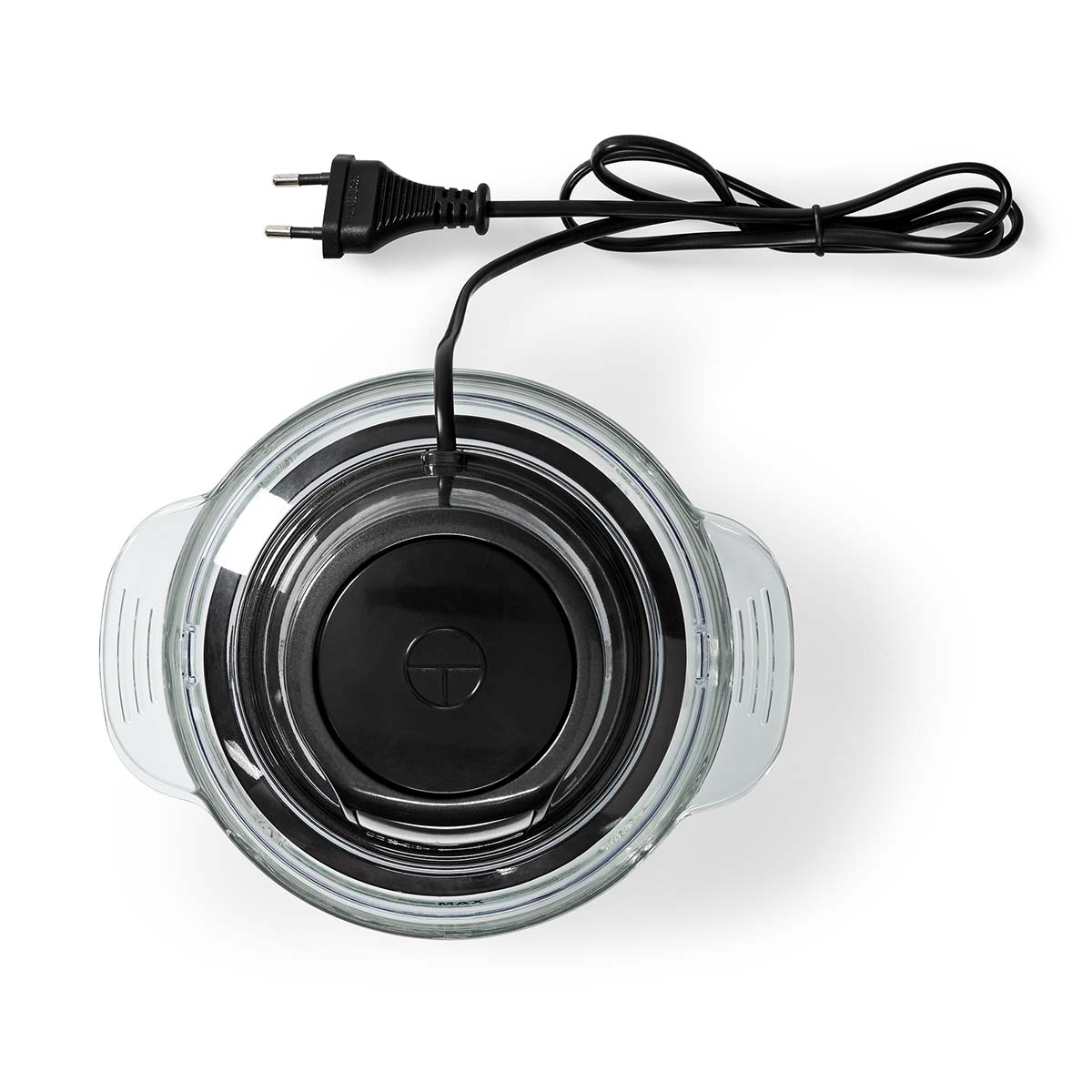 Czarna wtyczka z kablem jest podłączona do szklanego garnka.