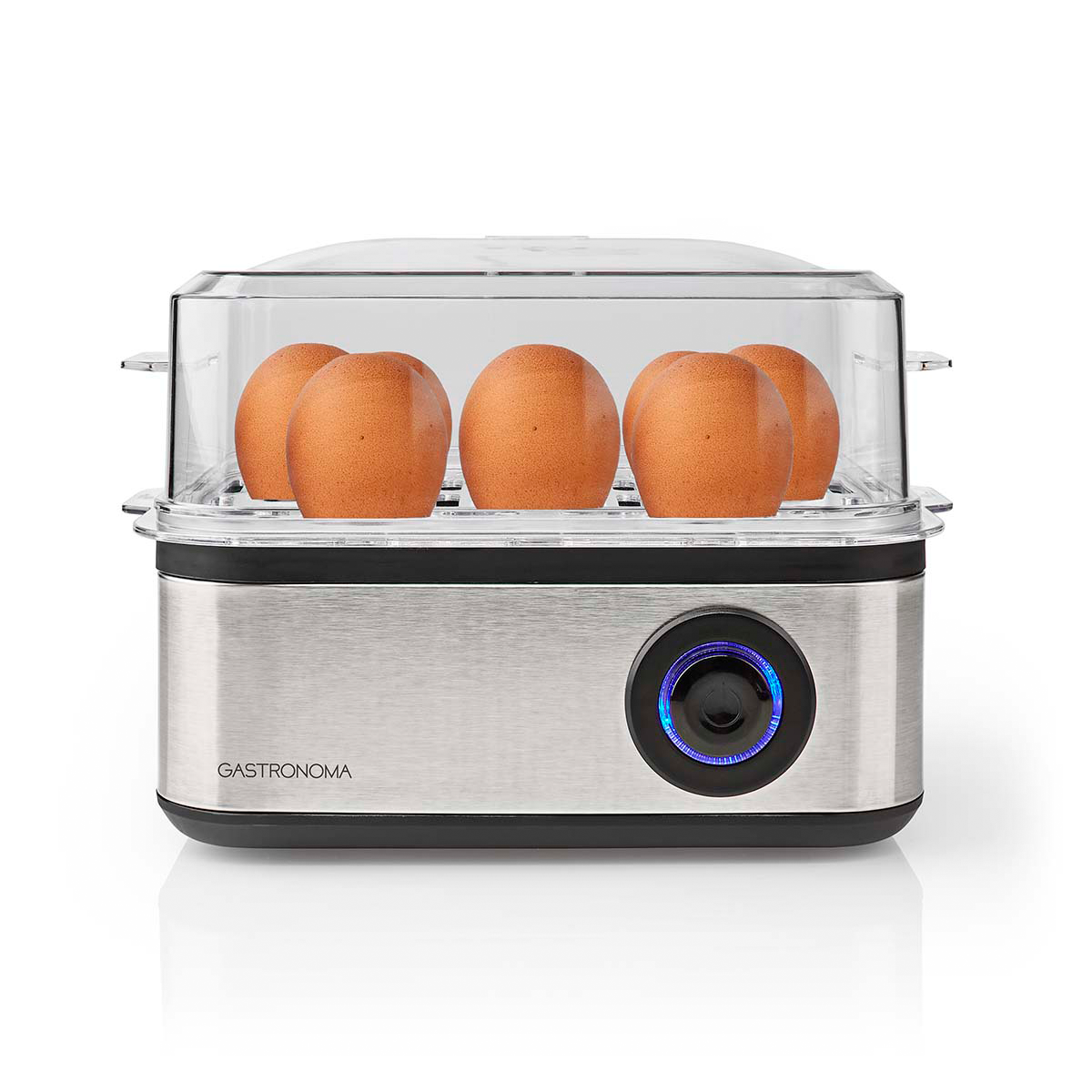 Parowar Gastronoma z sześcioma brązowymi jajkami pod przezroczystą pokrywą.