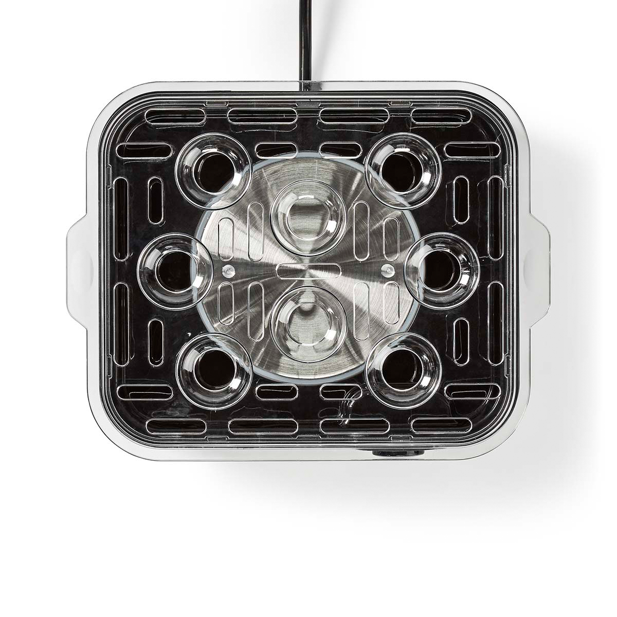 Przezroczysta pokrywa na urządzeniu do gotowania jajek na sześć jajek.