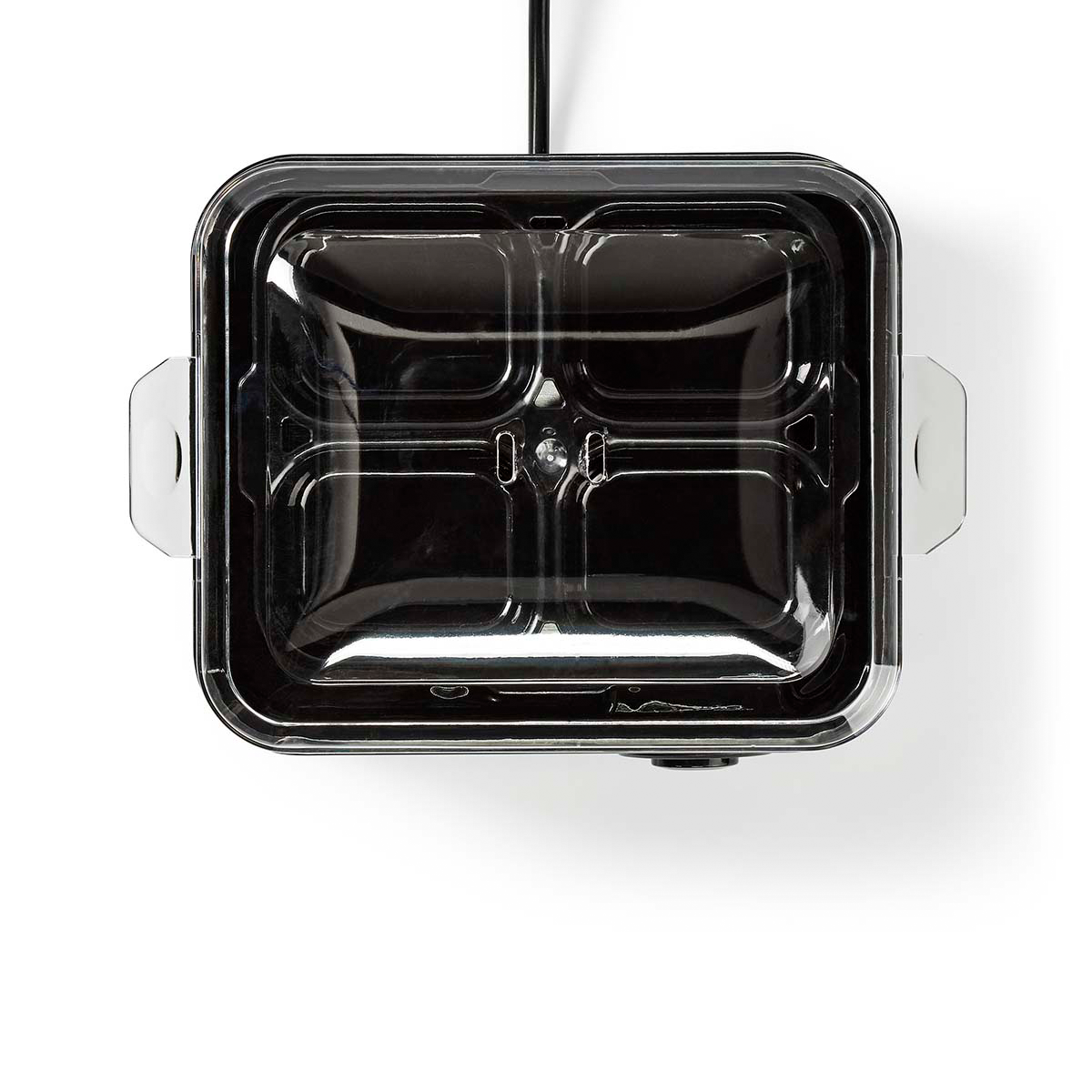 Widok z góry na czarny, prostokątny jajowar z przezroczystą pokrywką i dwoma białymi uchwytami na białym tle.