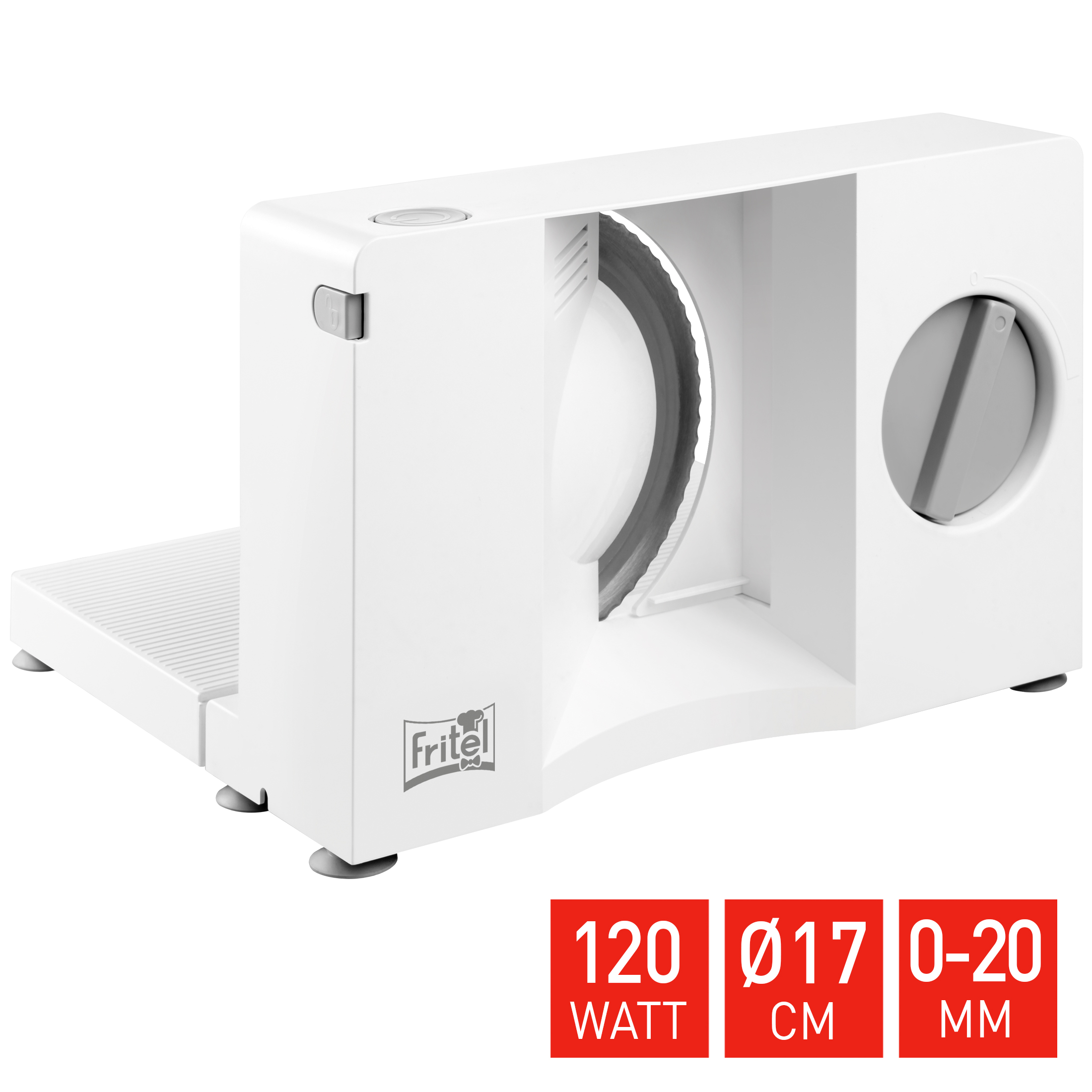 Affettatrice elettrica bianca con lama, logo Fritel, 120W, Ø 17cm, 0-20mm.