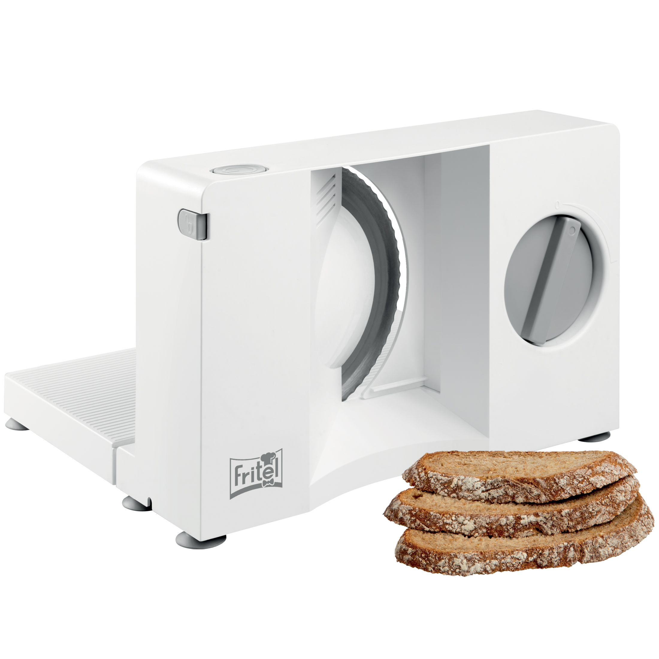Una affettatrice bianca con fette di pane.