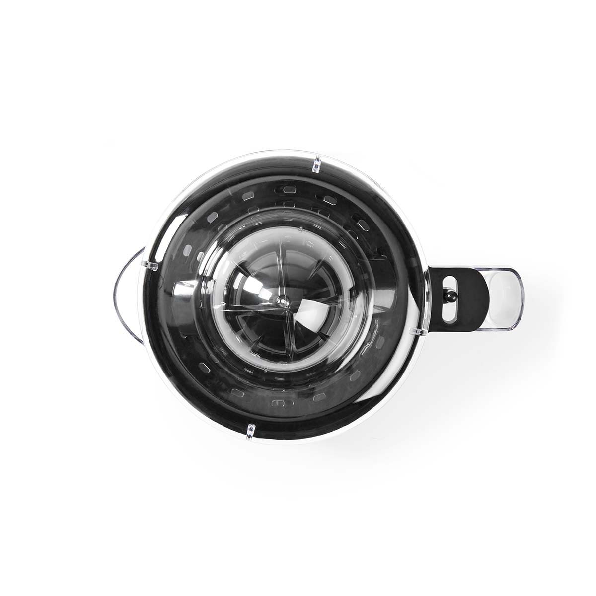 Przezroczysta wyciskarka do soków z srebrnymi akcentami na białym tle.