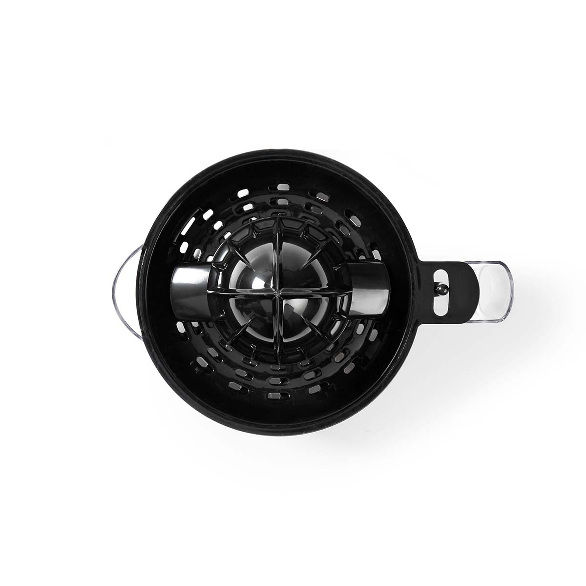 Czarny wentylator z przezroczystą rączką i metalowym rdzeniem. Widok z góry.