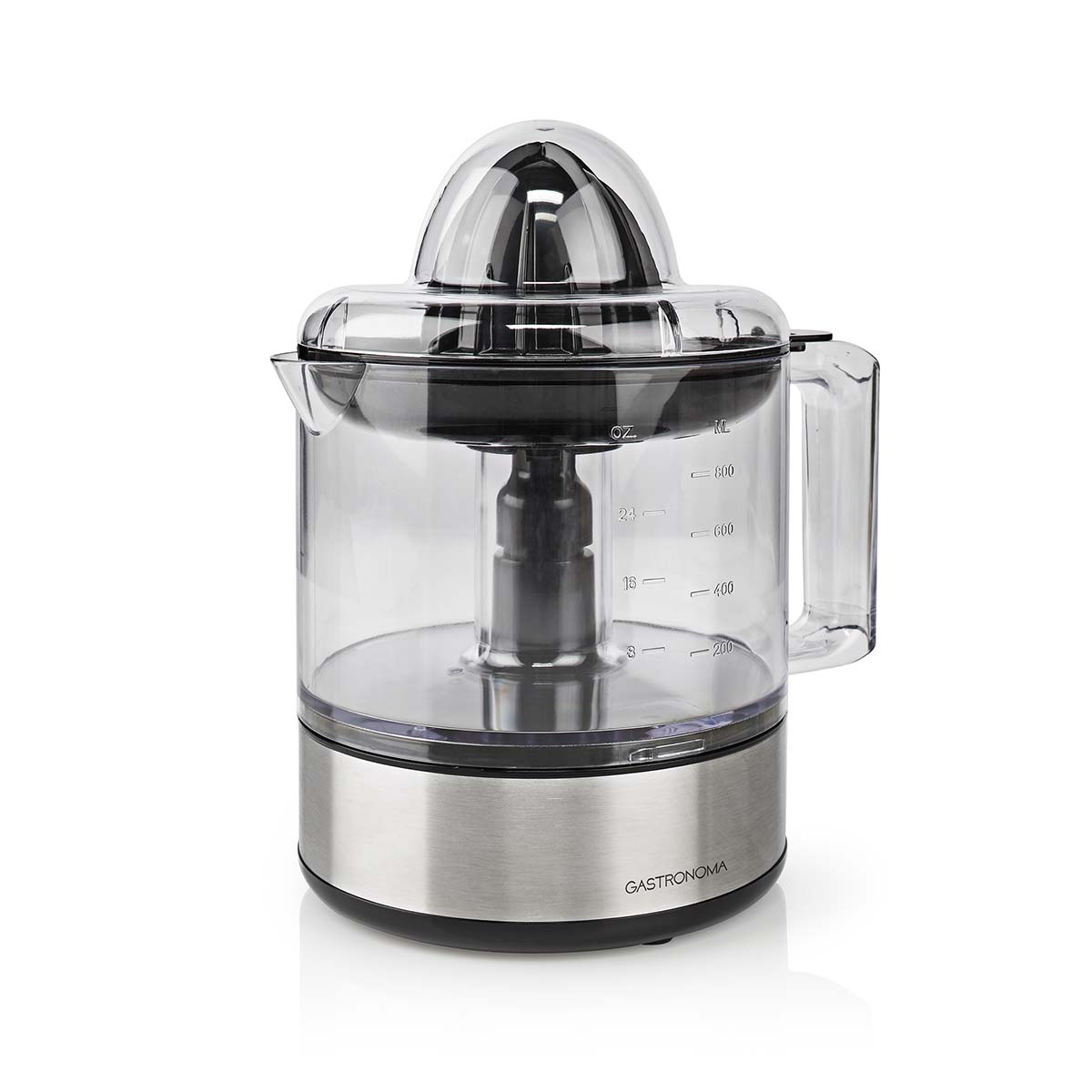 Srebrna i przezroczysta elektryczna wyciskarka do cytrusów z chromowaną pokrywą i uchwytem, na białym tle.