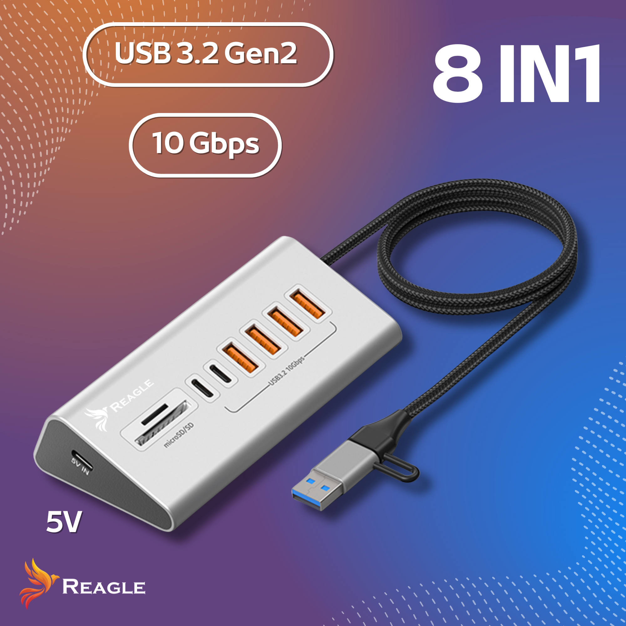 Srebrny hub USB-C z 4 portami USB-A, 1 portem USB-C, gniazdami SD/MicroSD.