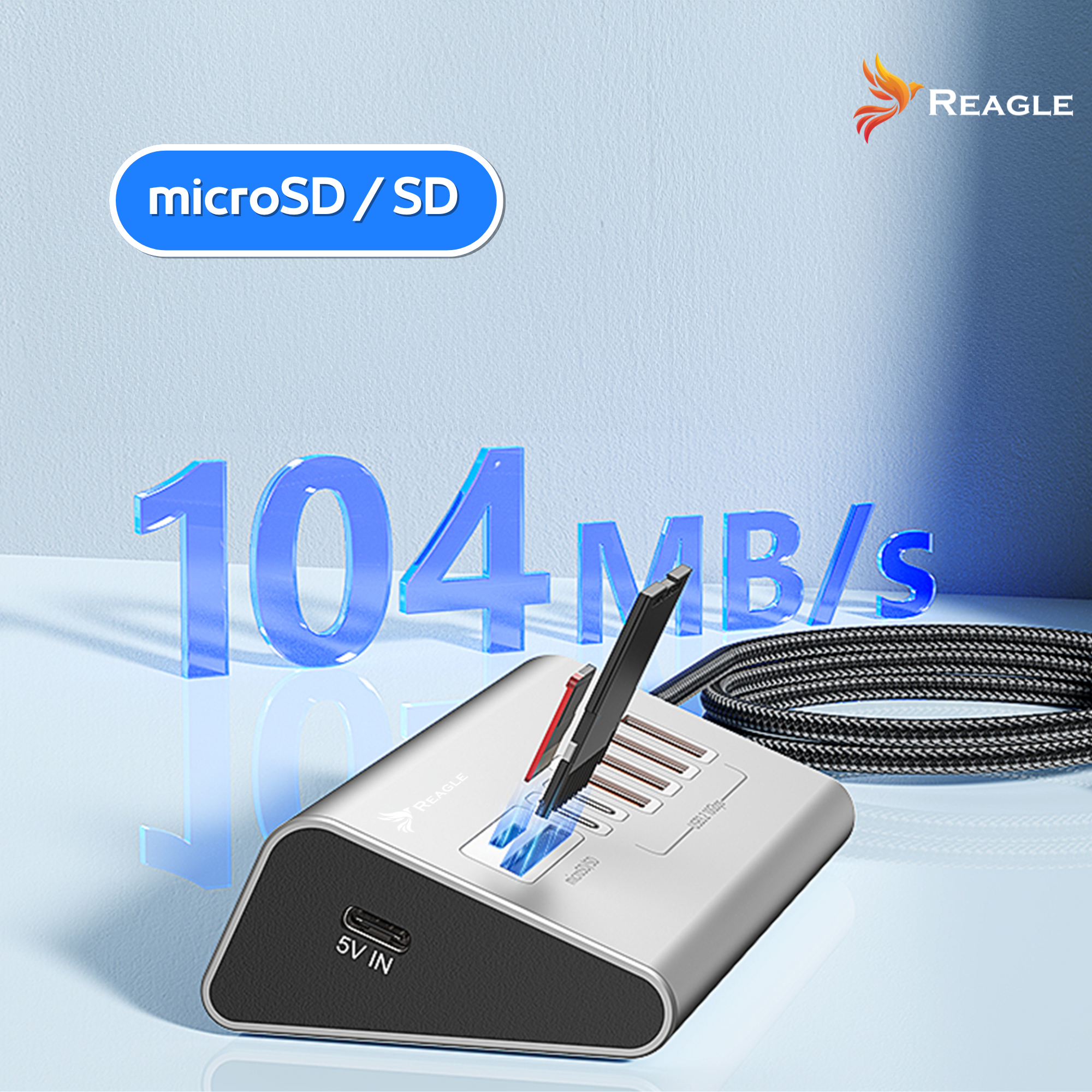 Czytnik kart Reagle microSD/SD, prędkość 104 MB/s. Port wejściowy 5V.