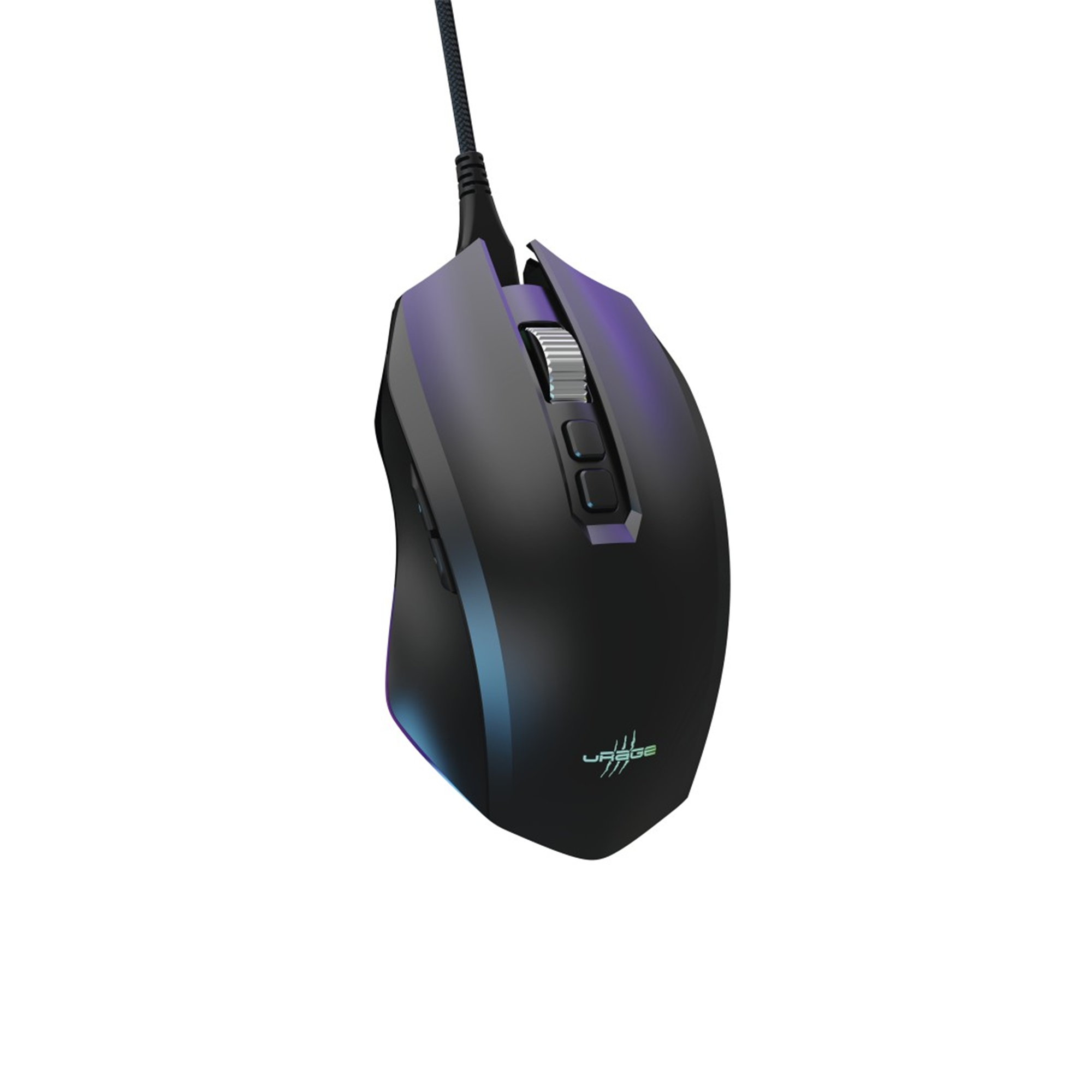Mouse gaming nero con rotellina argentata e accenti luminosi.