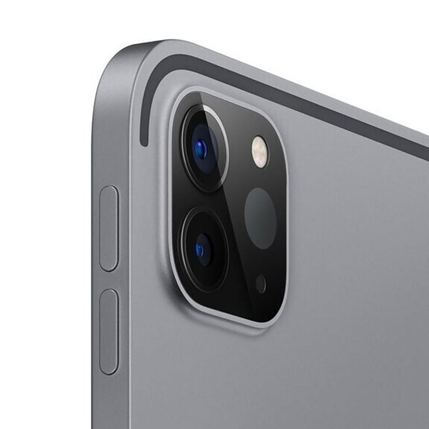 Tył szarego tabletu z modułem aparatu i przyciskami.