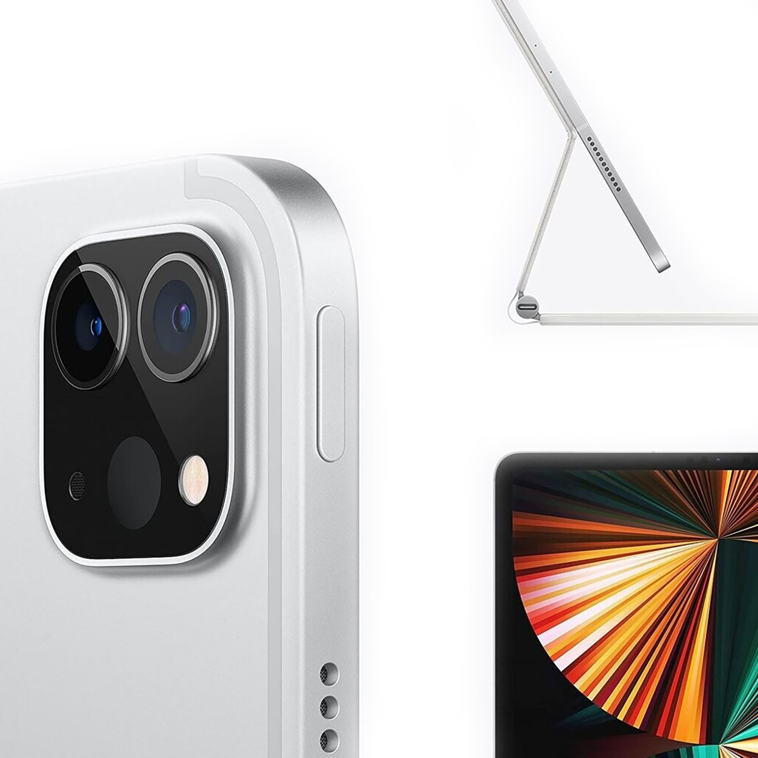 Srebrny tablet pokazujący zestaw aparatów, stojak i kolorowy ekran.