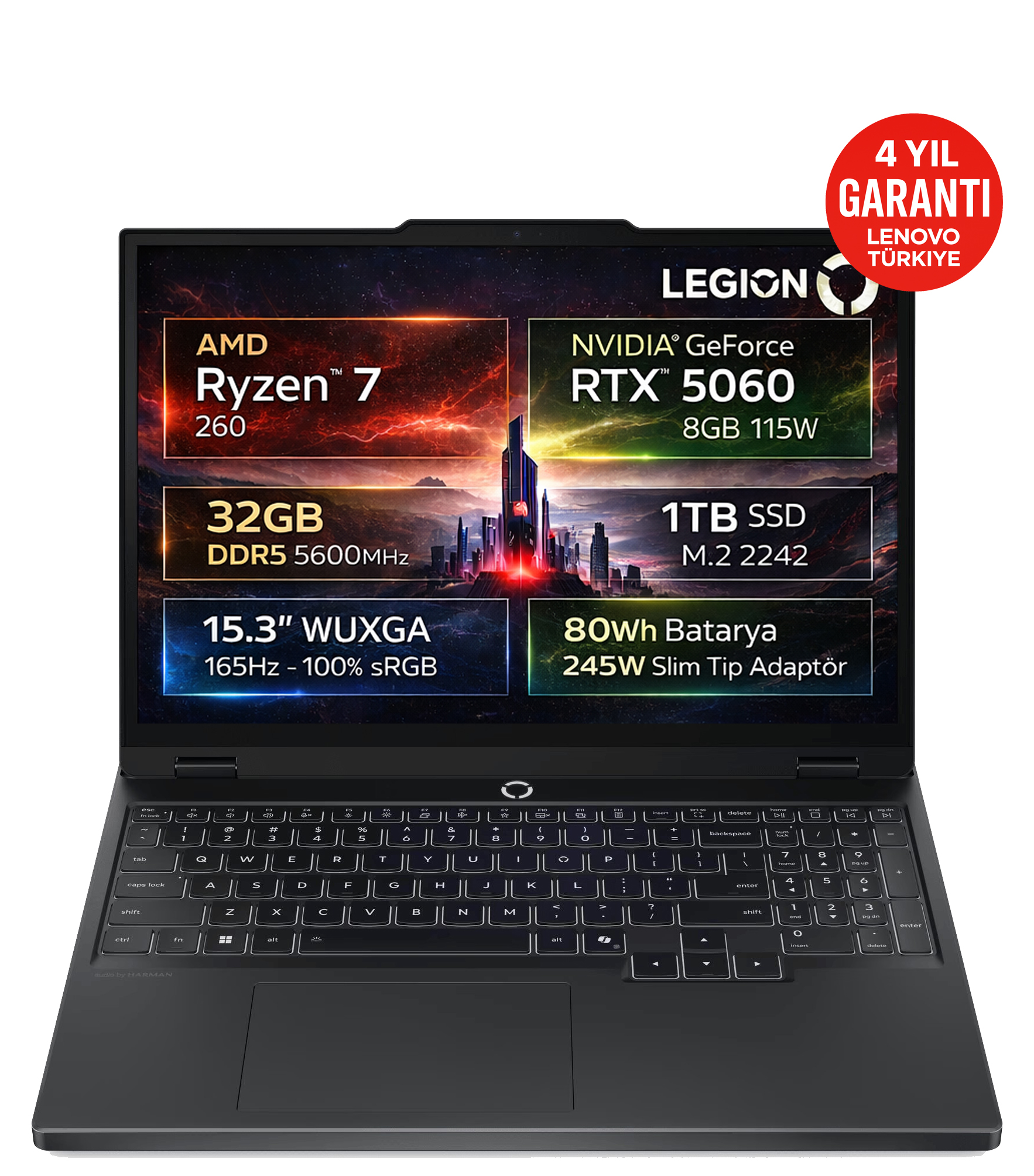 Legion logolu siyah laptop, özellikler: AMD Ryzen 7, RTX 5060, 32GB RAM, 1TB SSD.