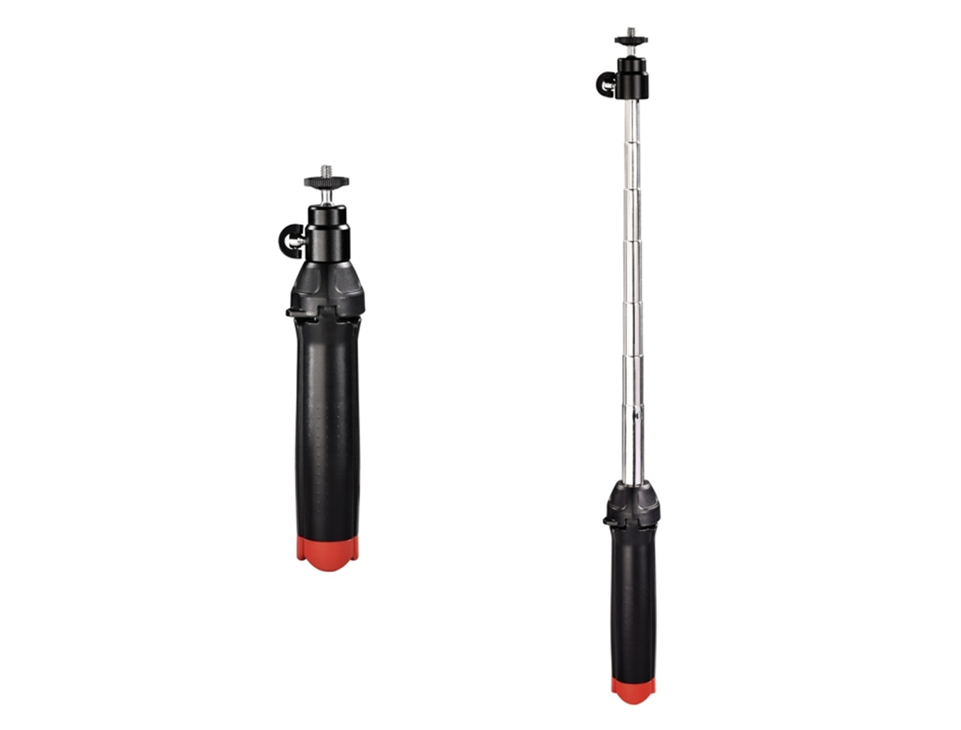 Ein ausziehbarer Monopod mit schwarzem Griff und rotem Ende, links eingefahren, rechts ausgefahren.
