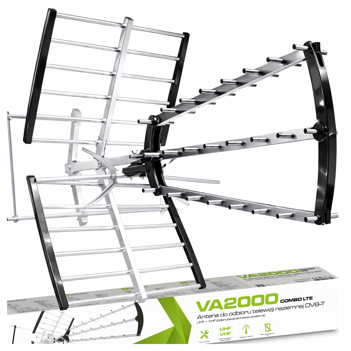 Srebrno-czarna antena TV z wieloma elementami na białym tle.