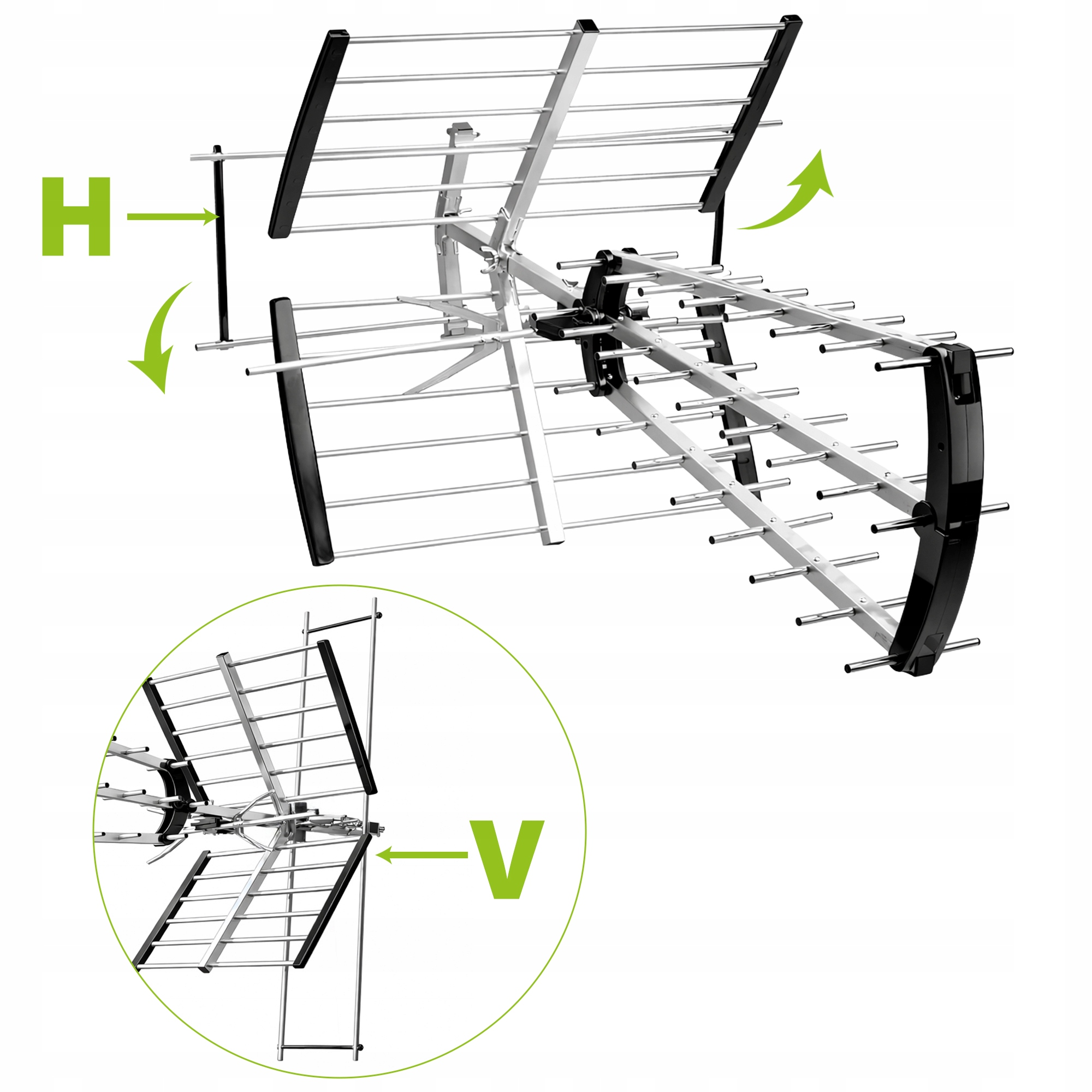 Antena z elementami poziomymi i pionowymi, pokazana do montażu.