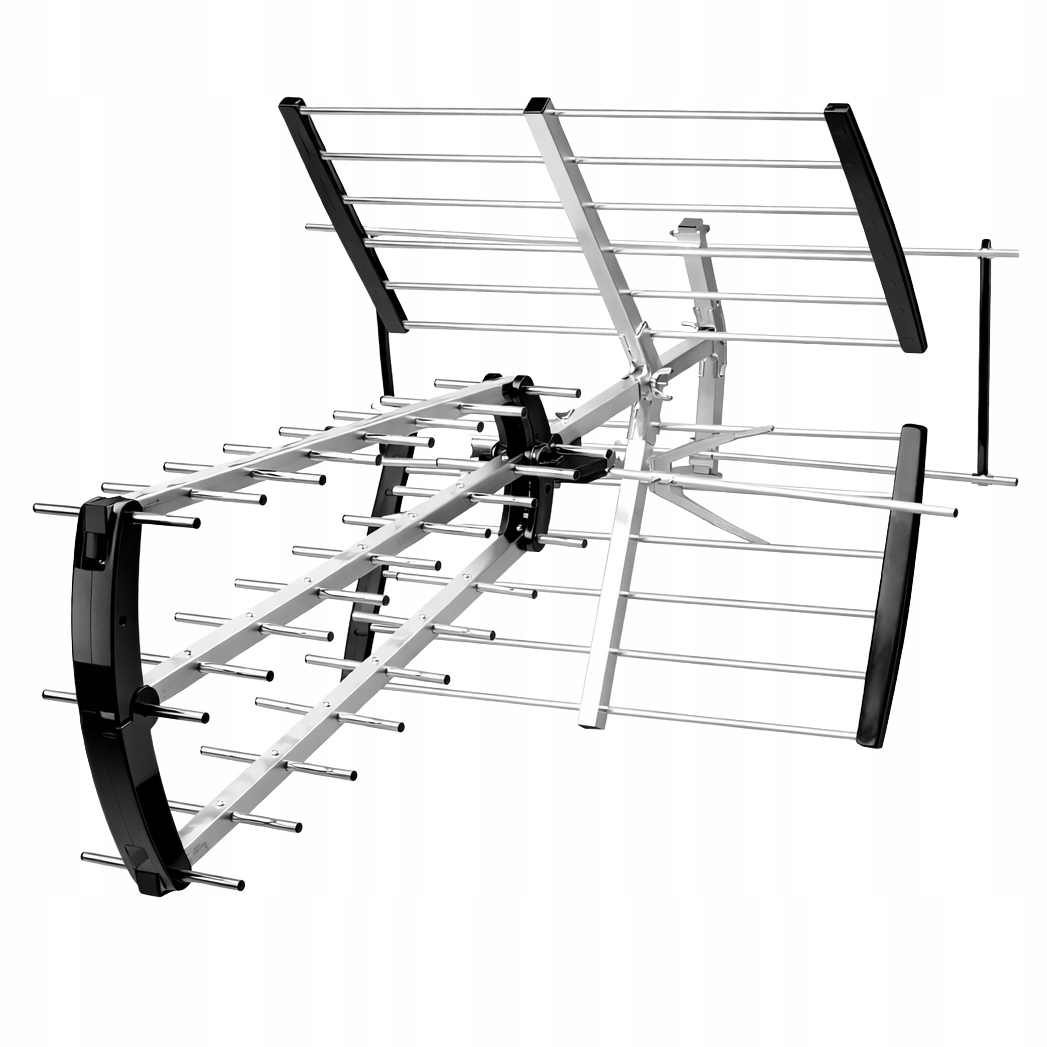 Srebrna antena z czarnymi zaślepkami, szczegółowa i złożona struktura.