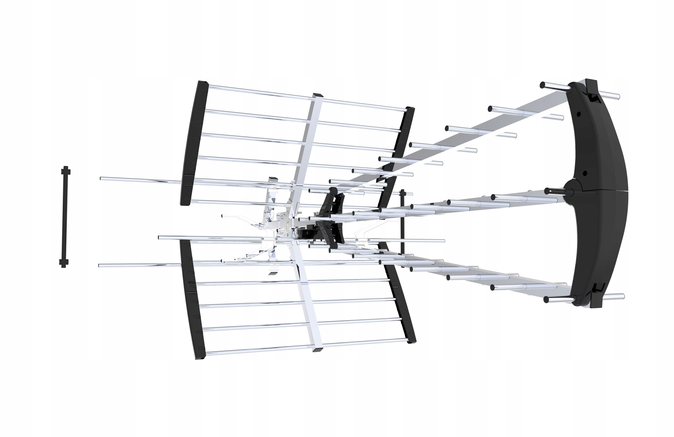 Srebrna antena z czarnymi elementami na białym tle.