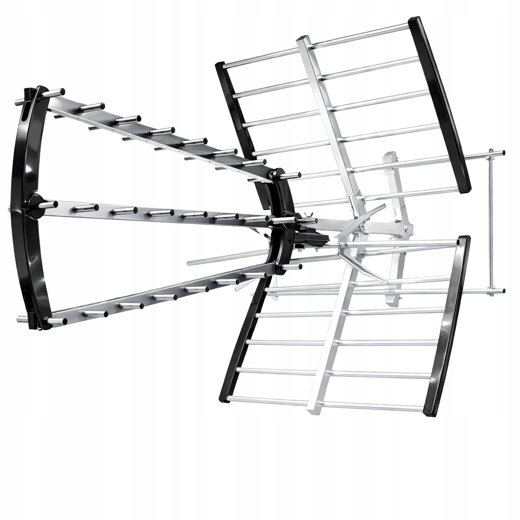 Srebrny odbiornik anteny telewizyjnej z czarnymi akcentami na białym tle.