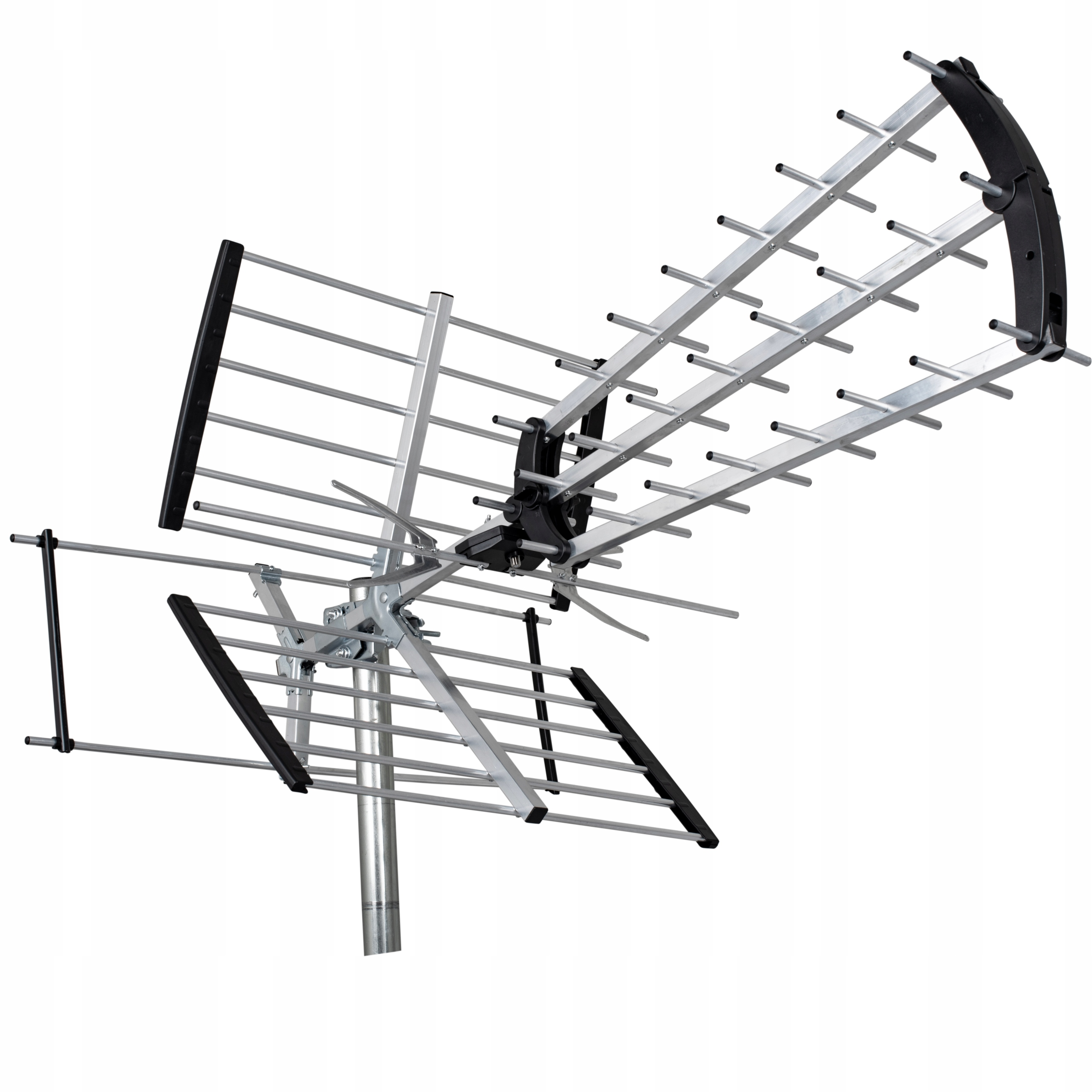 Srebrna antena z czarnymi elementami na białym tle.