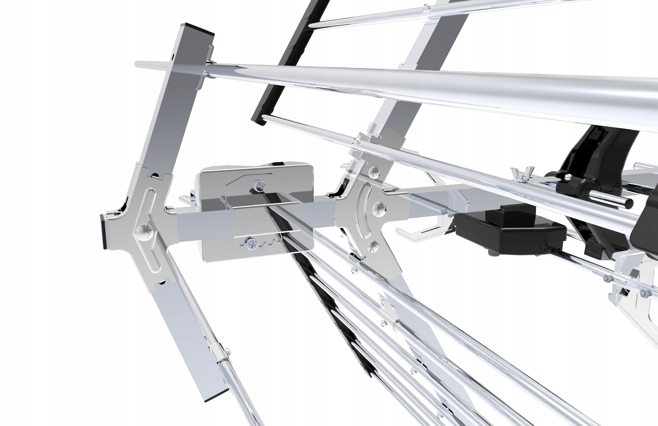 Zbliżenie srebrnej anteny z czarnymi elementami i śrubami na białym tle.