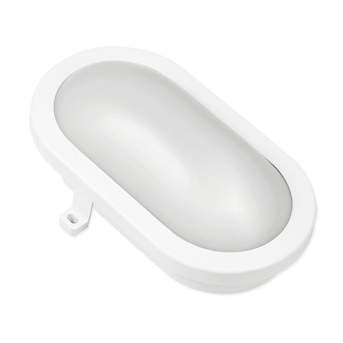 Eine weiße ovale Wandleuchte mit milchigem Diffusor.