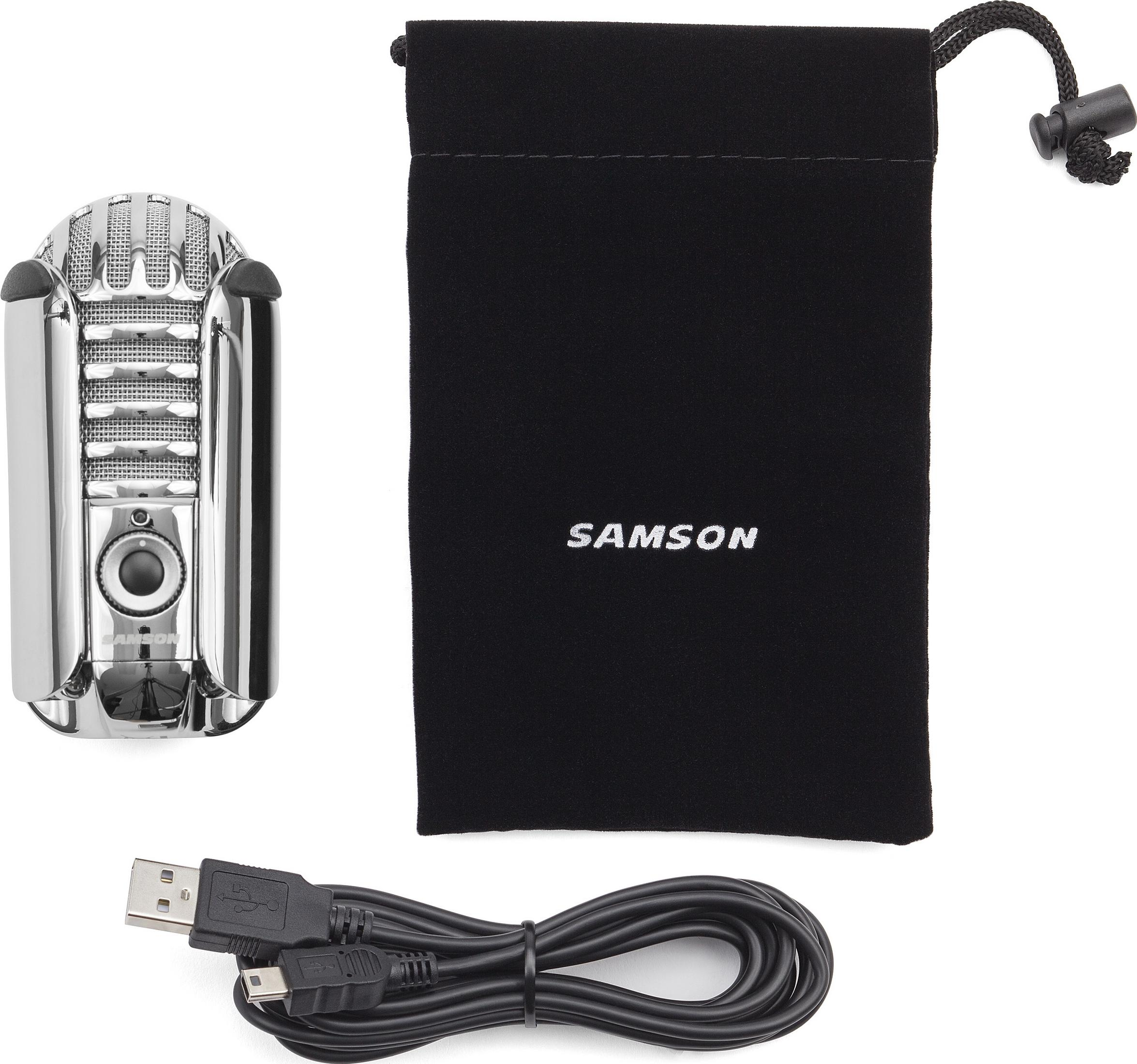 Silbernes Mikrofon mit schwarzer Tasche und USB-Kabel.