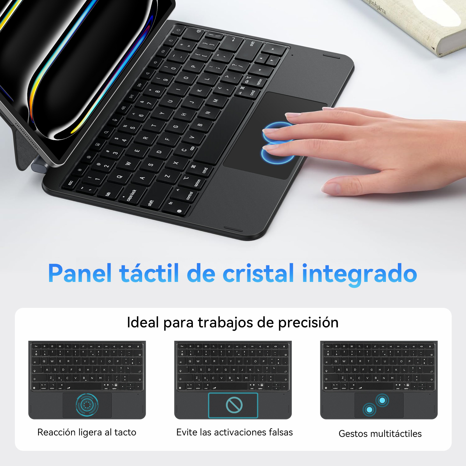 Una mano usa una tableta negra con panel táctil y teclado integrados.