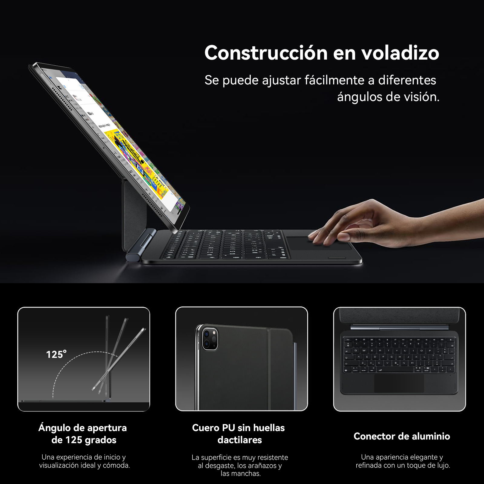 Una tableta con teclado en diseño en voladizo, ajustable hasta 125 grados.