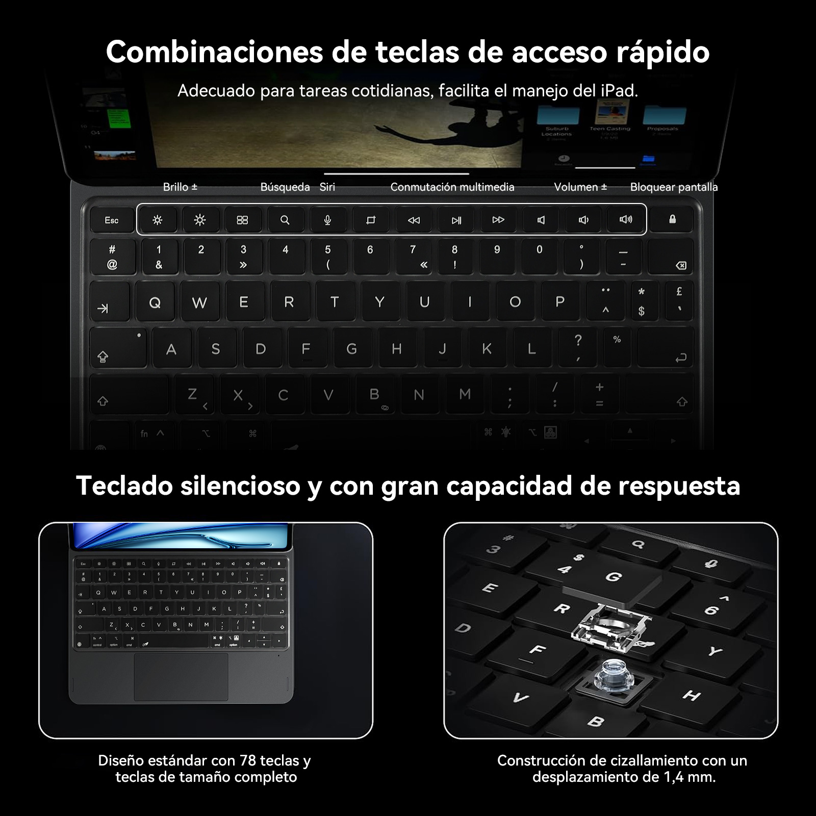 Primer plano de teclado con iPad, mostrando mecanismo de tijera.