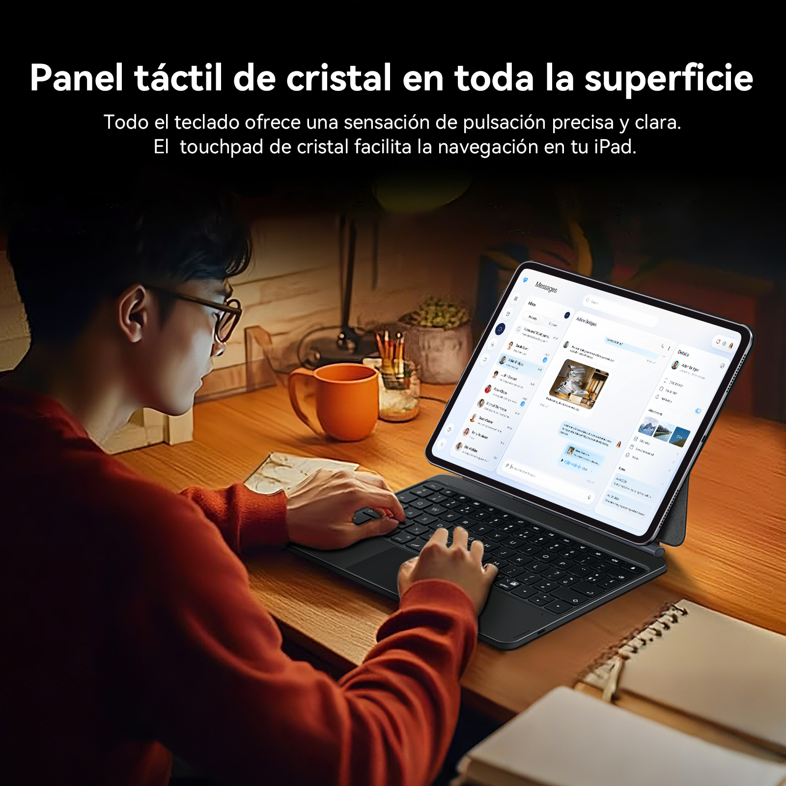 Hombre con gafas teclea en teclado de tablet con touchpad; taza naranja cerca.