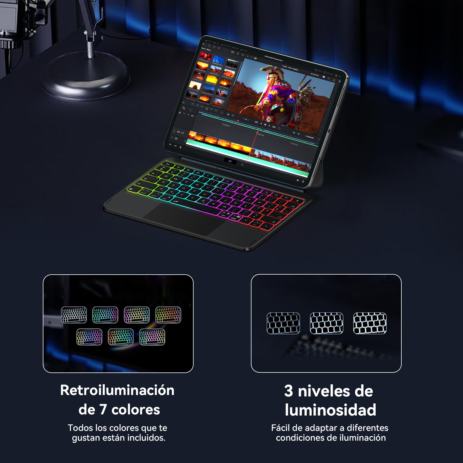 Tableta con teclado retroiluminado para edición de vídeo, muestra 7 colores y 3 niveles.