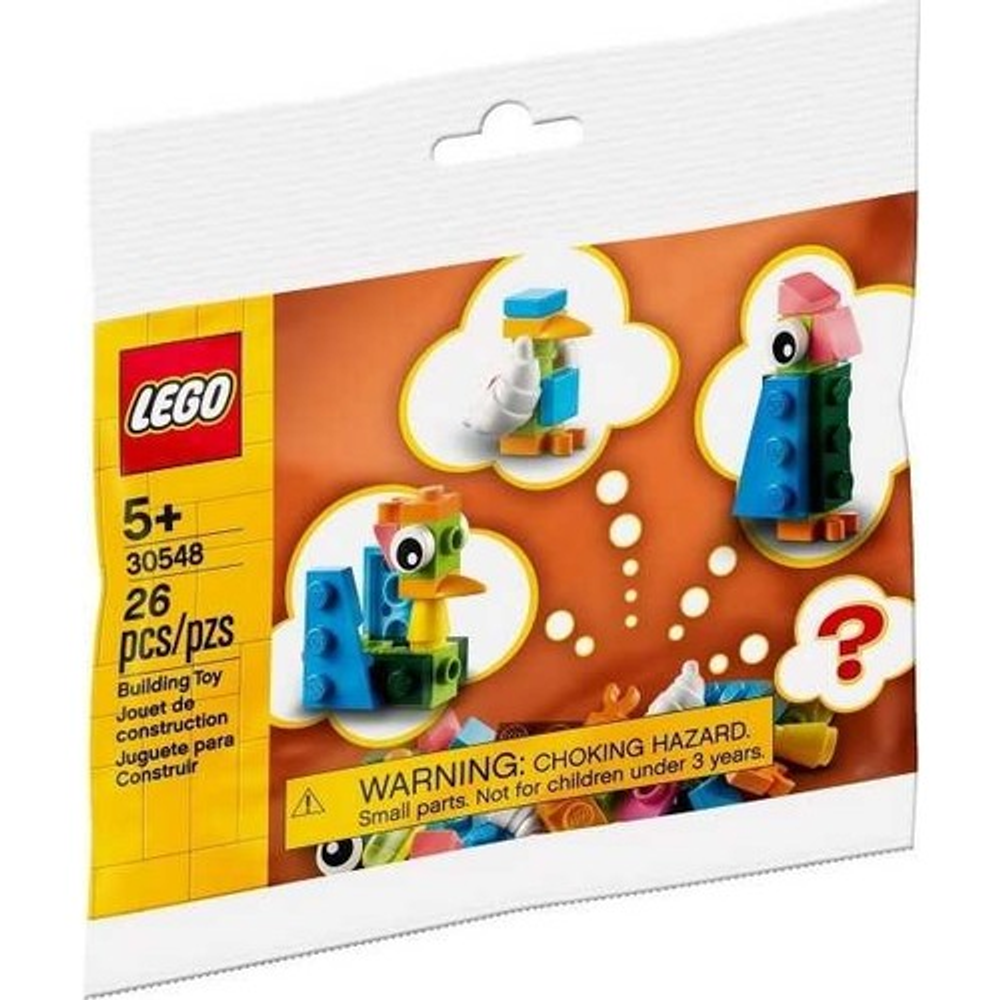 LEGO poşeti, üç renkli kuş yapım kiti ve uyarı etiketi.