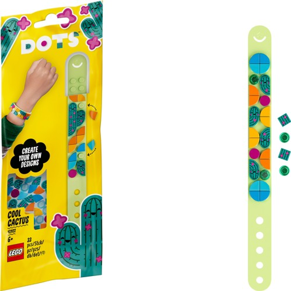 Set bracciale LEGO DOTS Cactus Fantastico con tessere e cinturino colorati.