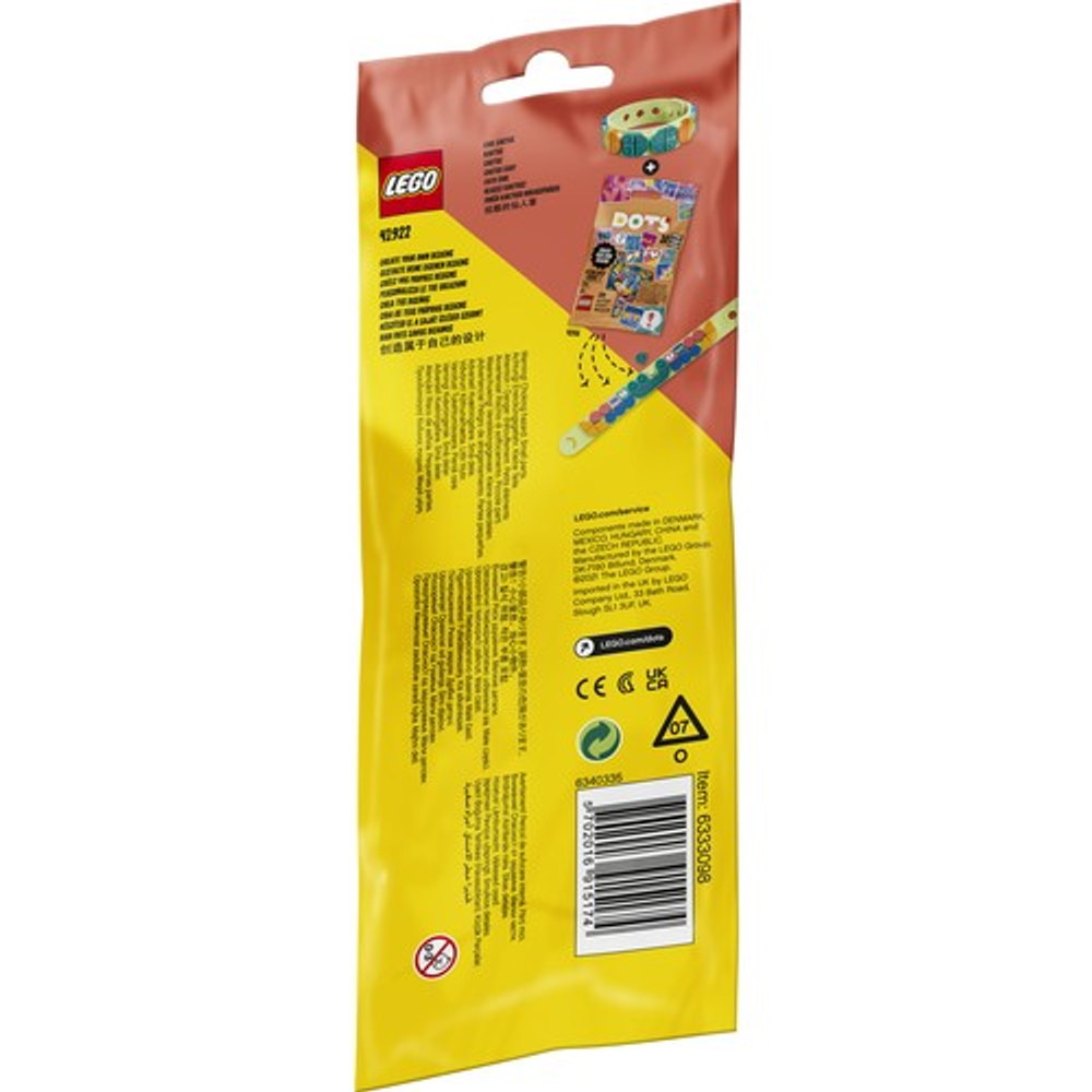 Retro di una confezione gialla LEGO DOTS con immagini e testo del prodotto.