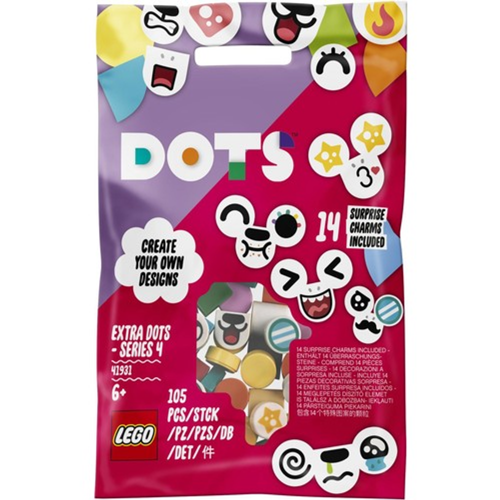 Pack de breloques surprise LEGO DOTS avec des designs colorés et des nombres.