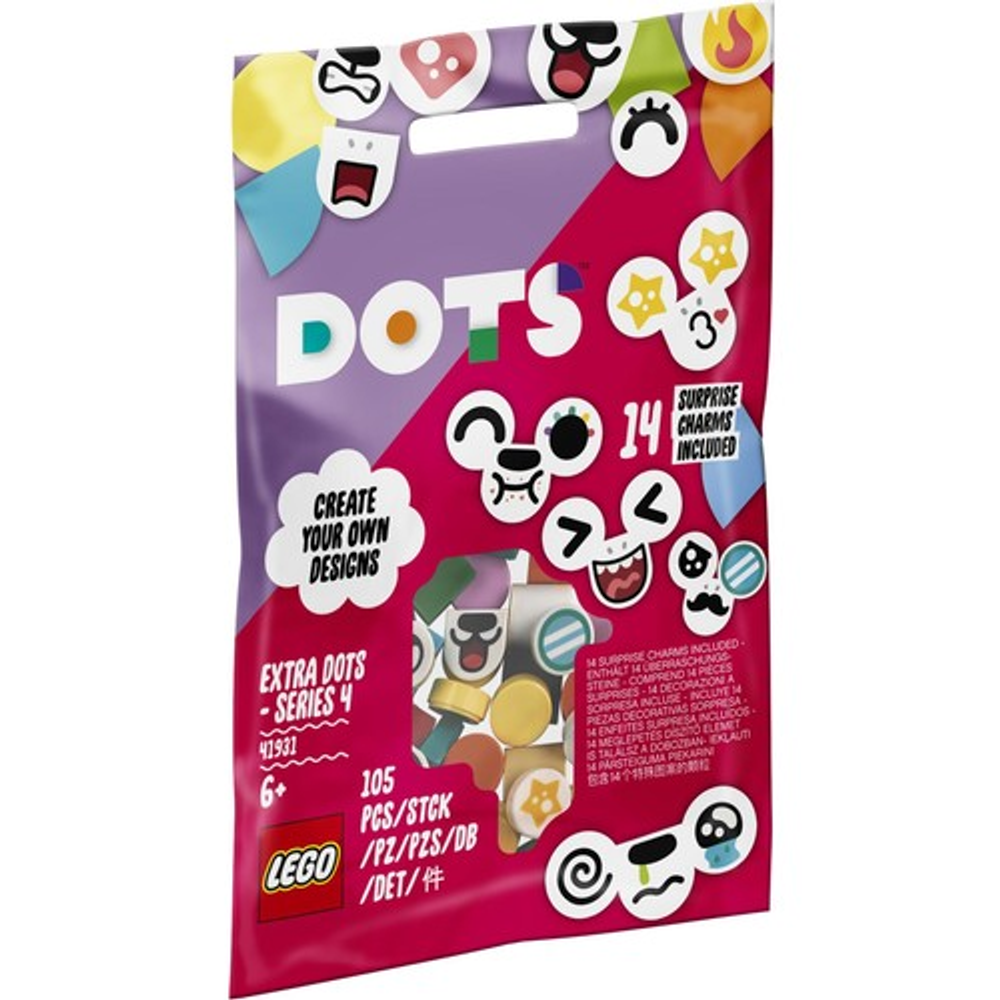 Emballage LEGO DOTS Série 4, 105 pièces, avec des carreaux décoratifs colorés.