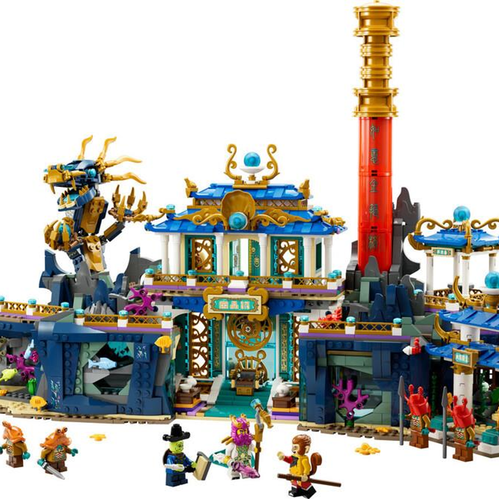 Ejderha ve figürlü mavi ve altın Lego tapınağı.