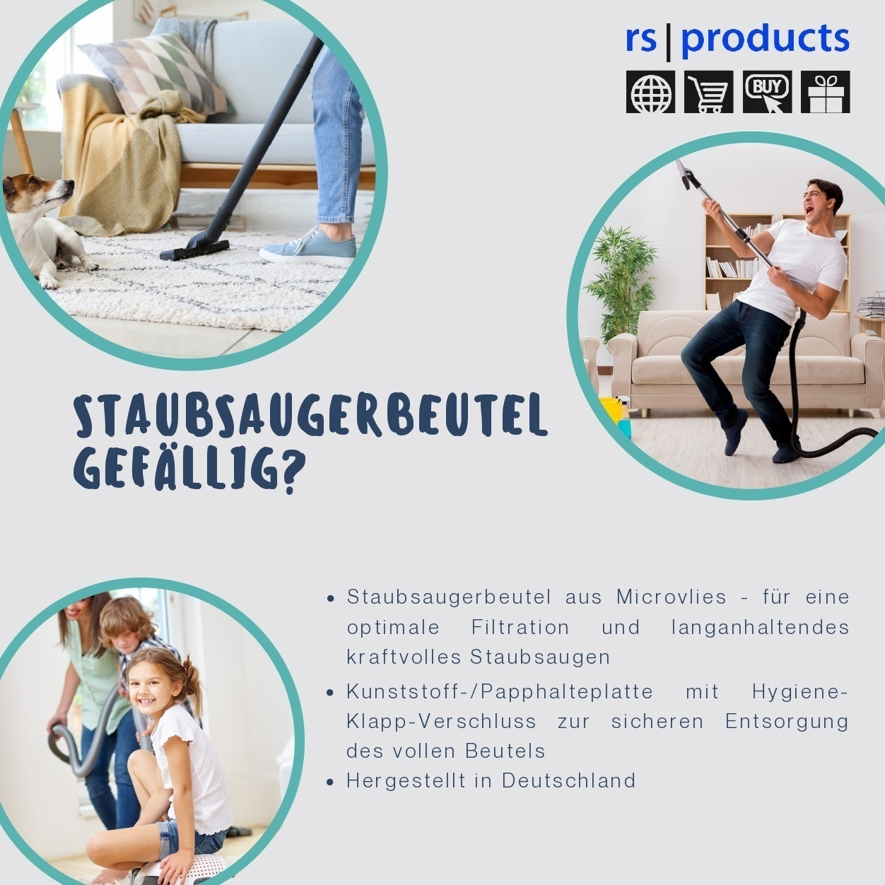 Ein Mann tanzt mit einem Staubsauger, während ein Hund zusieht. Familie saugt.