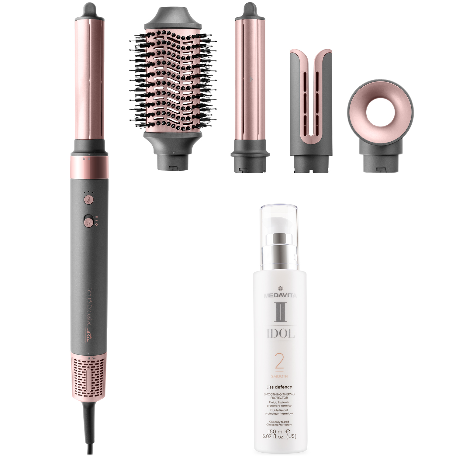 Hair styling set with attachments and smoothing fluid.