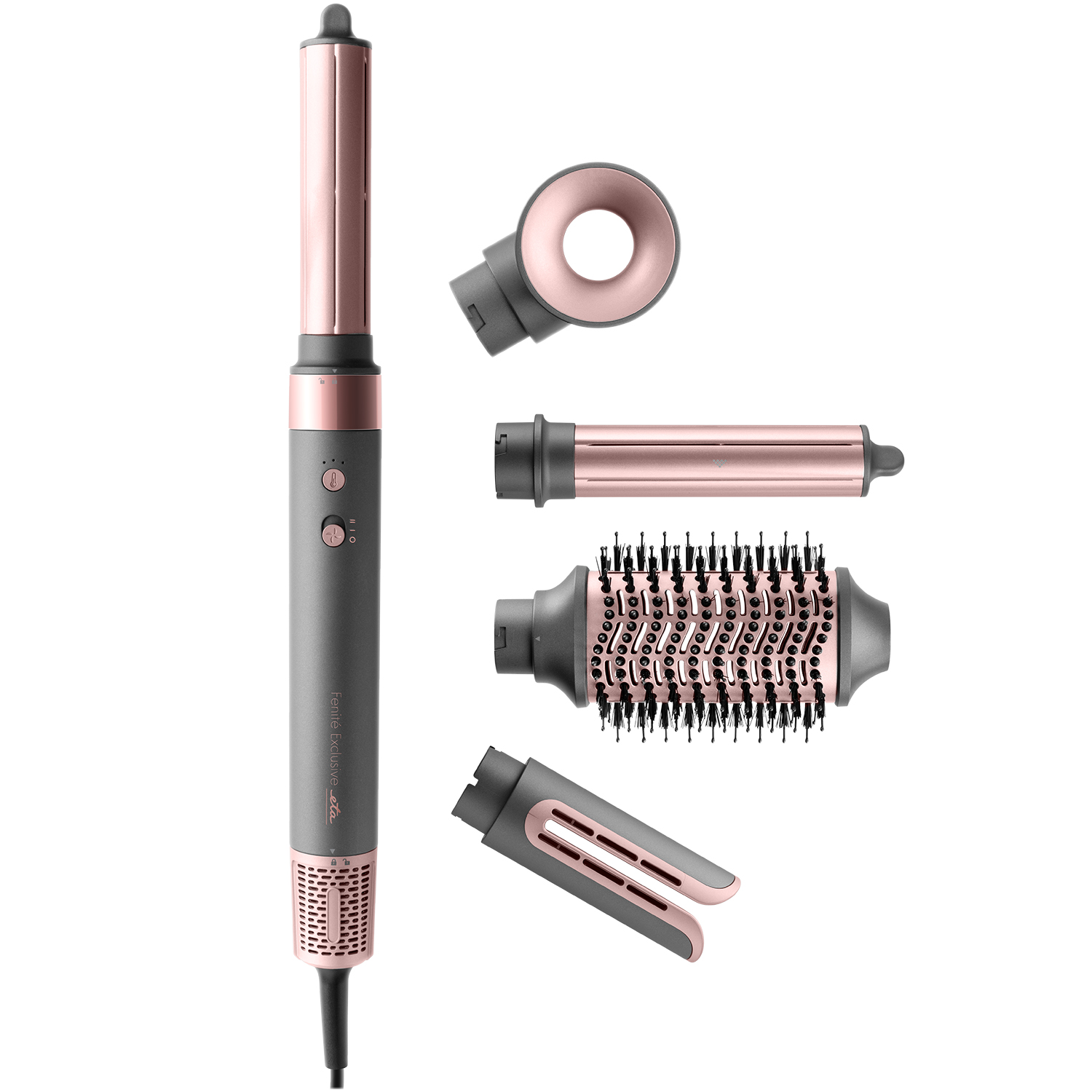 Gray hair dryer with rose gold attachments: round brush, straightener, curler.