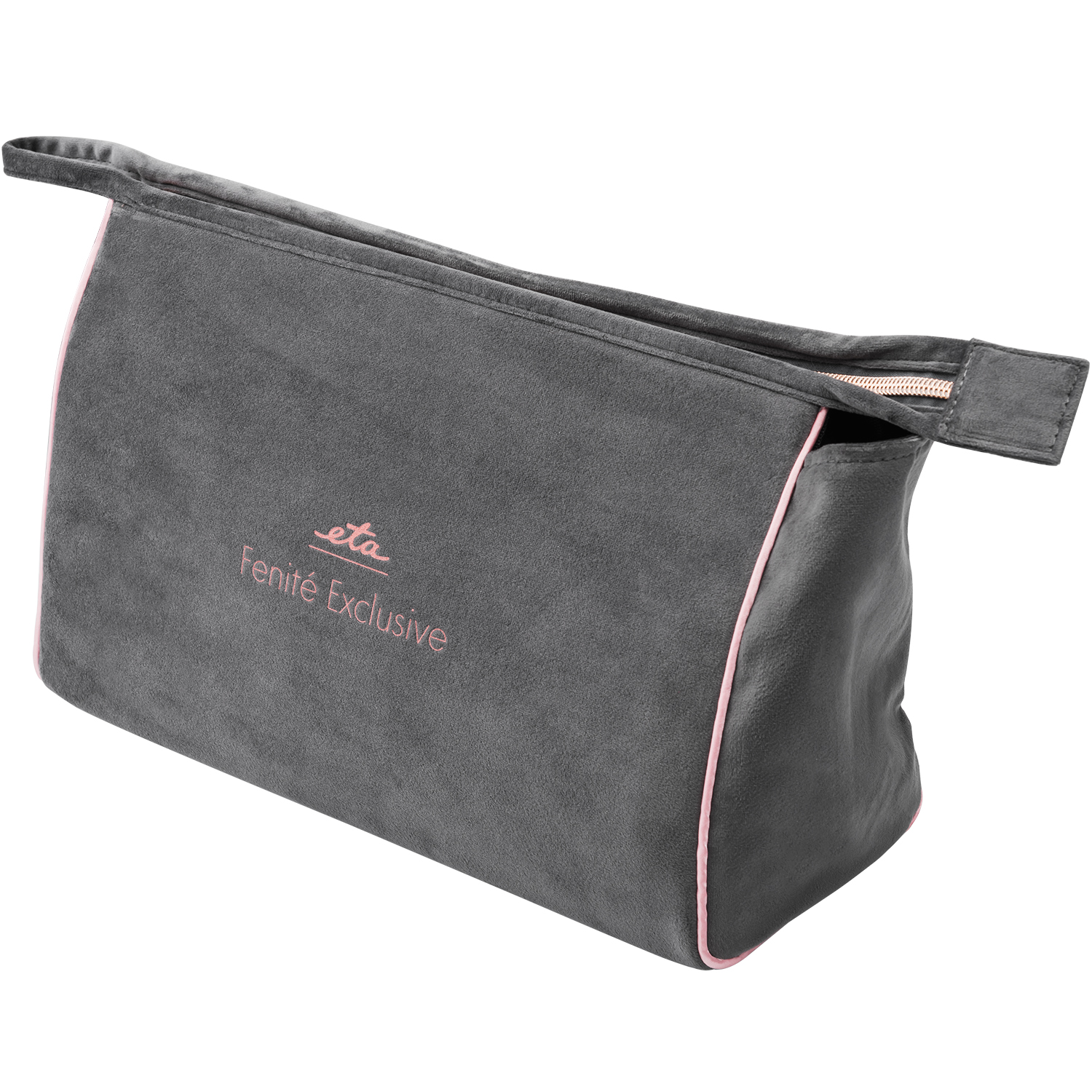 Gray cosmetic bag with pink trim and zipper. Brand: Eta Fenité Exclusive.