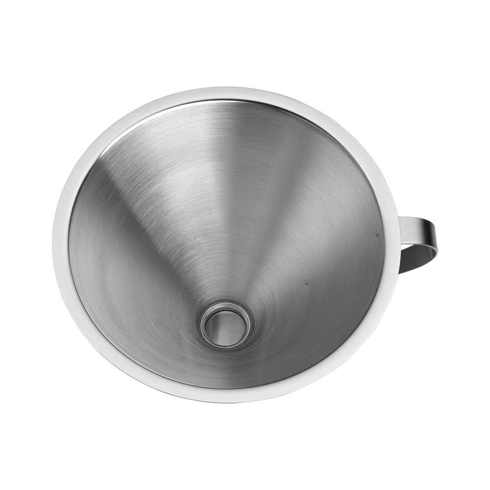 Beyaz kenarlı ve saplı gümüş metal huni.