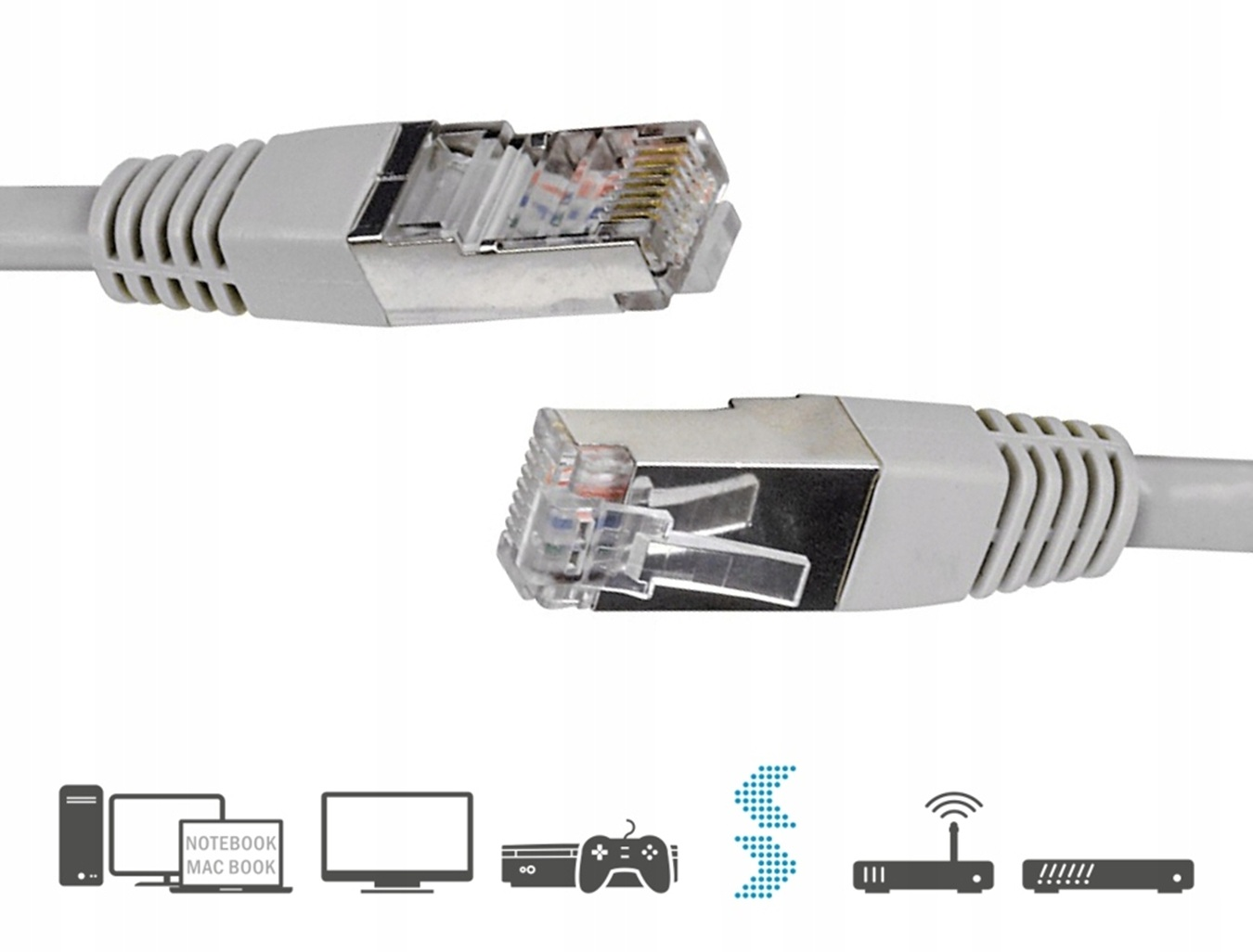 Two gray network cables with RJ45 connectors, next to icons for computers and gaming.