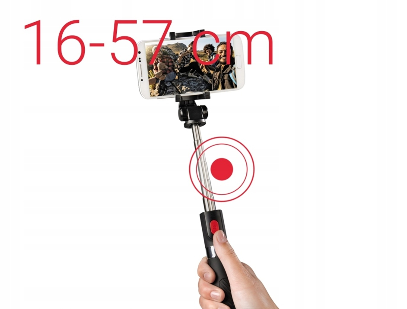 Un selfie stick con un telefono che mostra amici. Lunghezza indicata 16-57 cm.